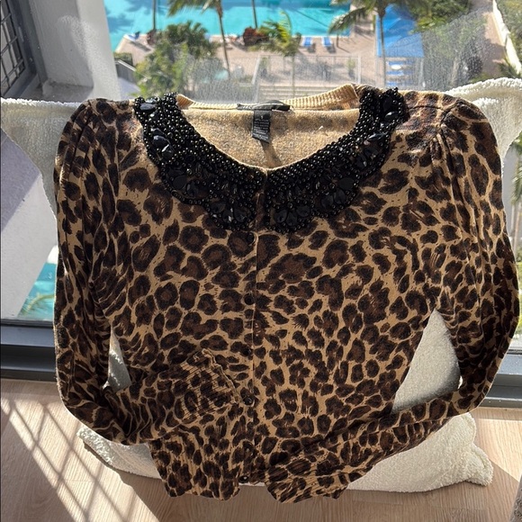 VINTAGE LEOPARD PRINT CARDIGAN ANGORA JEWELED BEADED COLLAR 🐆 - Picture 1 of 9